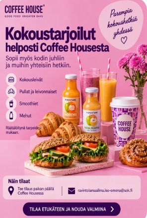 Tarjoilut Coffee Housesta kokouksiin, kodin juhliin ja muihin yhteisiin hetkiin Coffee House