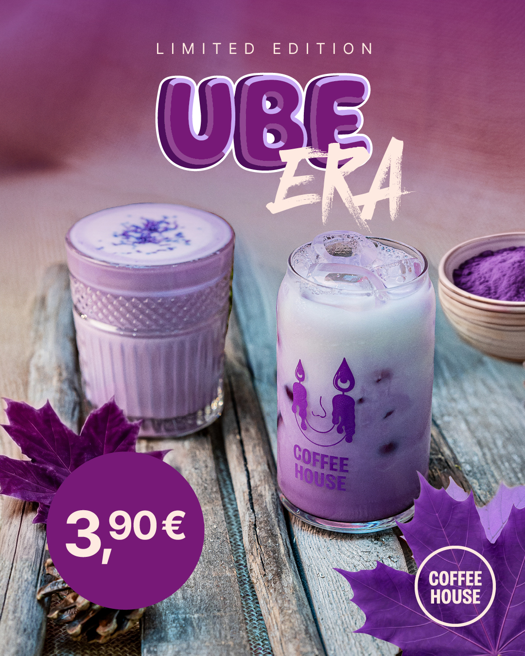 Ube Matcha Latte tai virkistävän viileä Ube Iced Latte hintaan 3,90 €. Coffee House