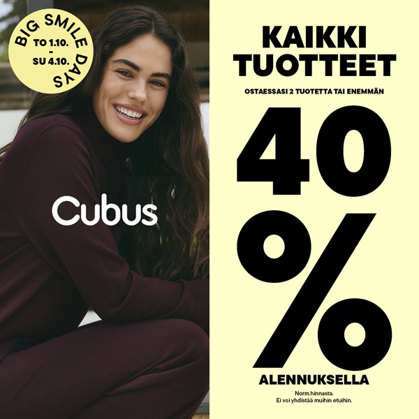 Kaikki tuotteet -40% sunnuntaihin asti Cubus