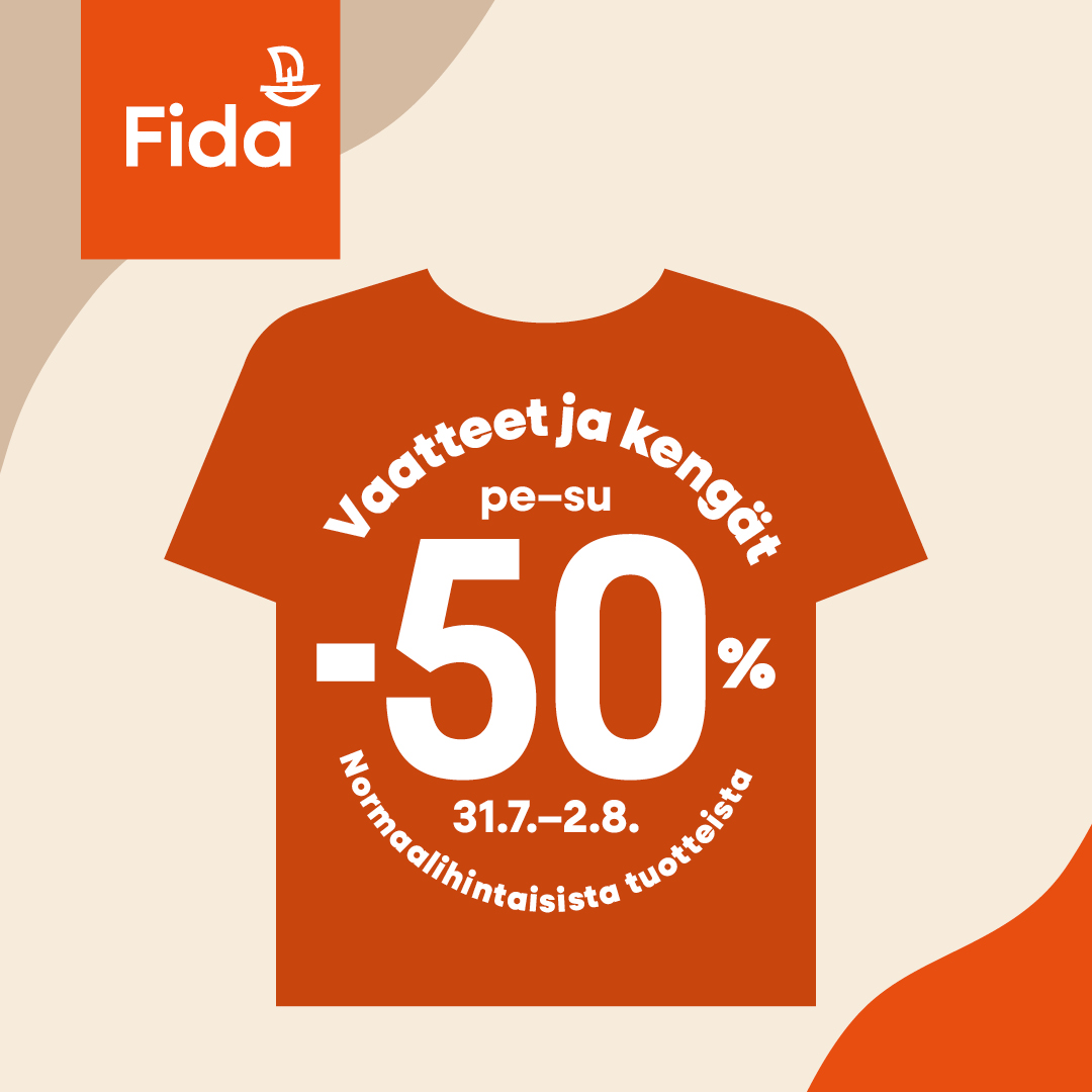 Vaatteet ja kengät -50% 31.7.-2.8. Fida Iso Omenassa Fida secondhand