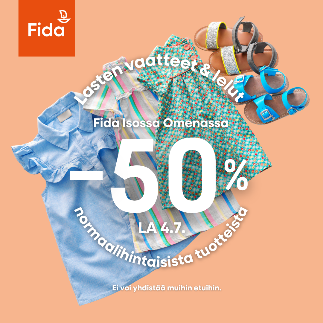 Lasten vaatteet ja lelut –50% la 4.7. Fida Isossa Omenassa Fida secondhand