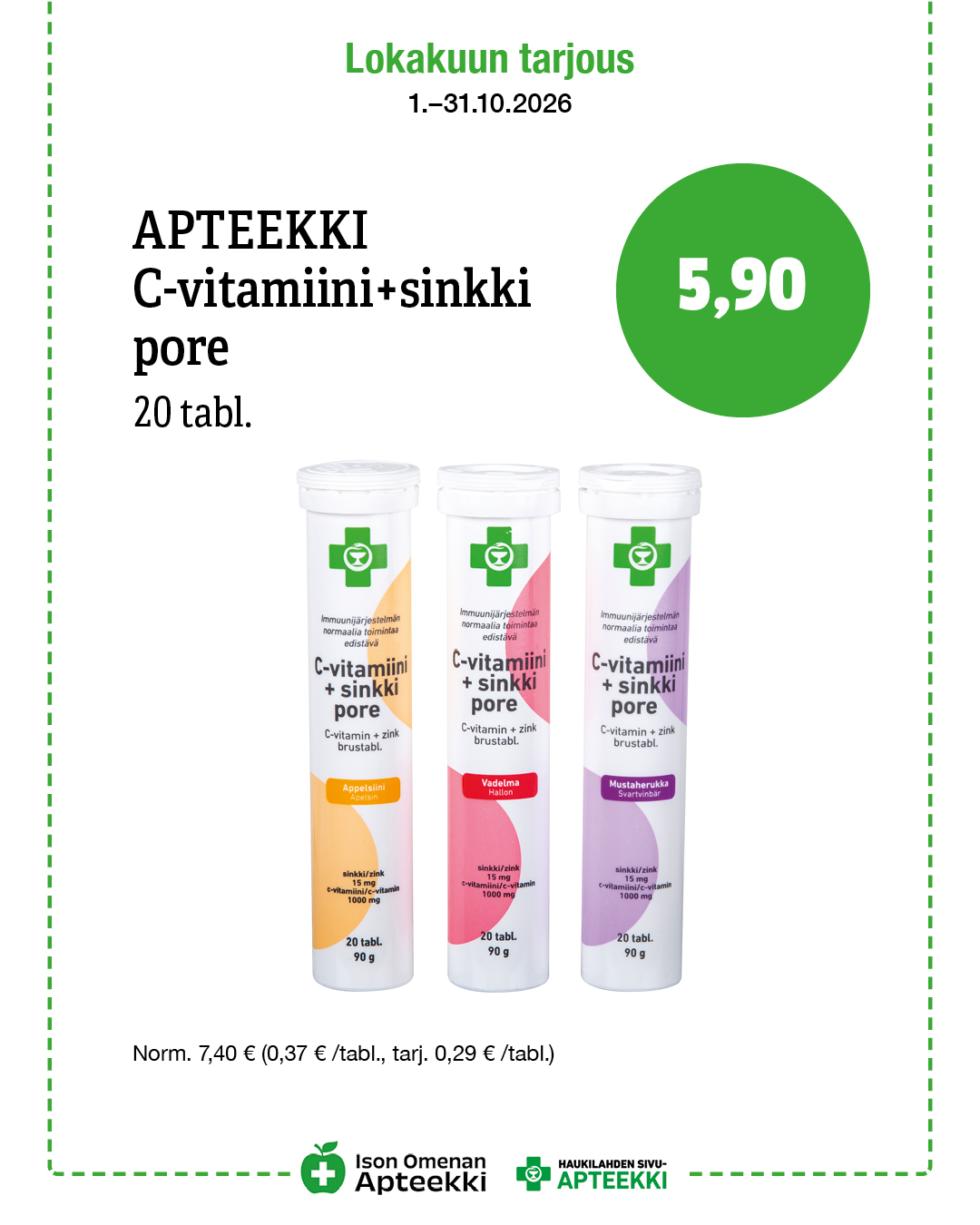 APTEEKKI C-vitamiini+sinkki pore 20 tabl. 5,90 € Ison Omenan Apteekki
