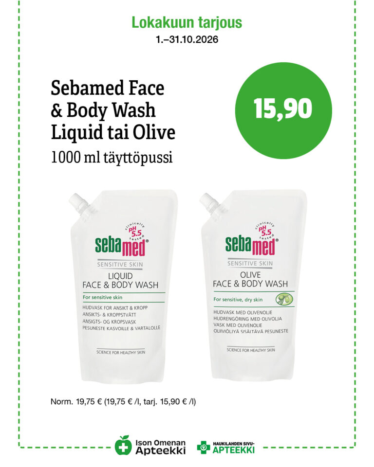 Sebamed Face & Body Wash Liquid tai Olive, 1000 ml täyttöpussi 15,90 € Ison Omenan Apteekki