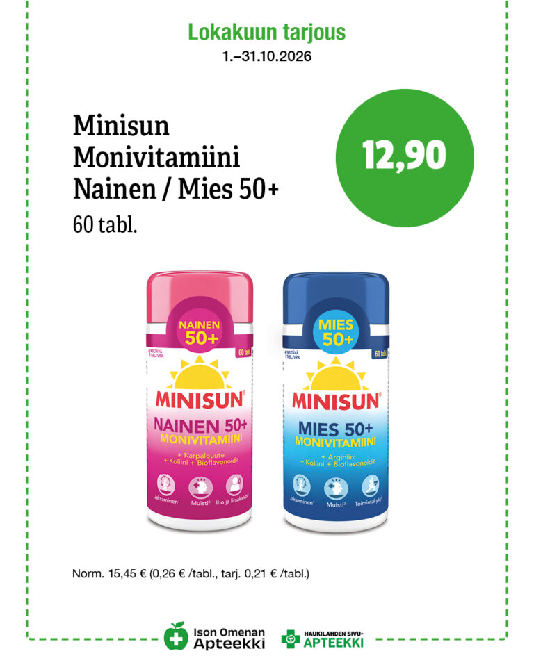 Minisun Monivitamiini Nainen/Mies 50+ 60 tabl. 12,90 € Ison Omenan Apteekki