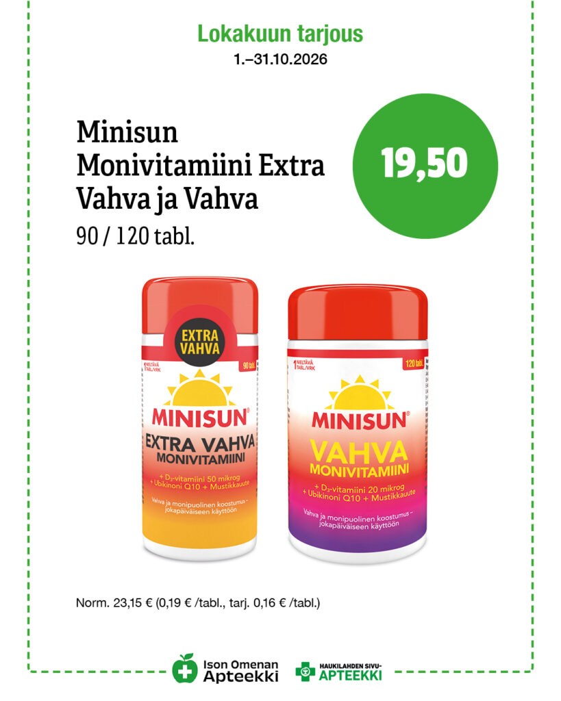 Minisun Monivitamiini Extra Vahva ja Vahva 90/120tabl 19,50 € Ison Omenan Apteekki