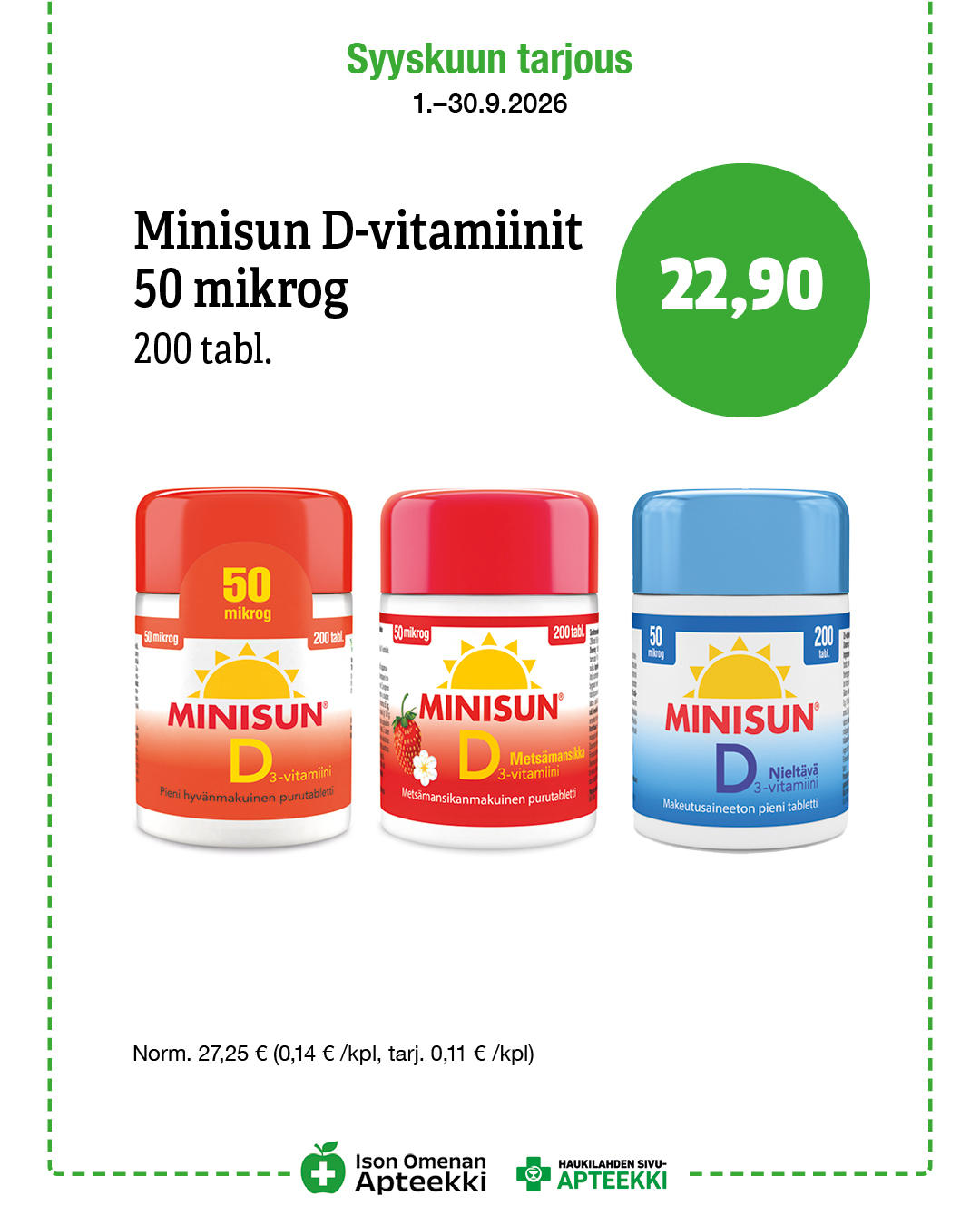 Minisun d-vitamiini 50 mikrog. 200 tabl. Ison Omenan Apteekki