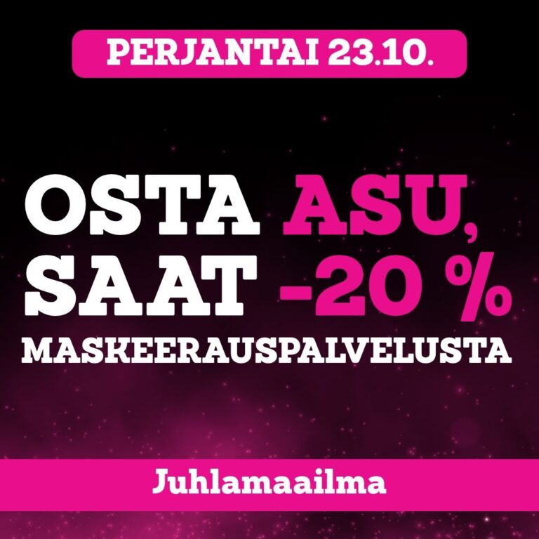 Osta asu, saat -20 % maskeerauspalvelusta Juhlamaailma