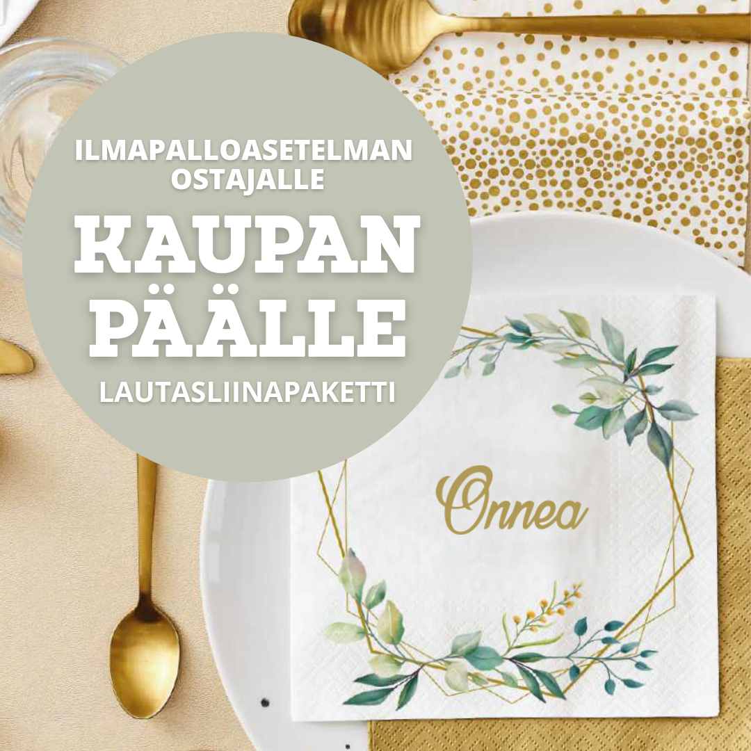 Ilmapalloasetelman ostajalle kaupan päälle lautasliinapaketti! Juhlamaailma
