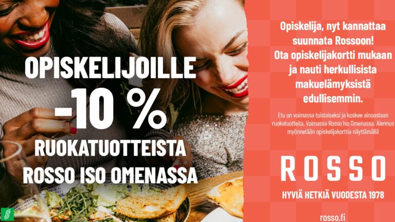 Opiskelijoille -10% ruokalistan annoksista Rosso